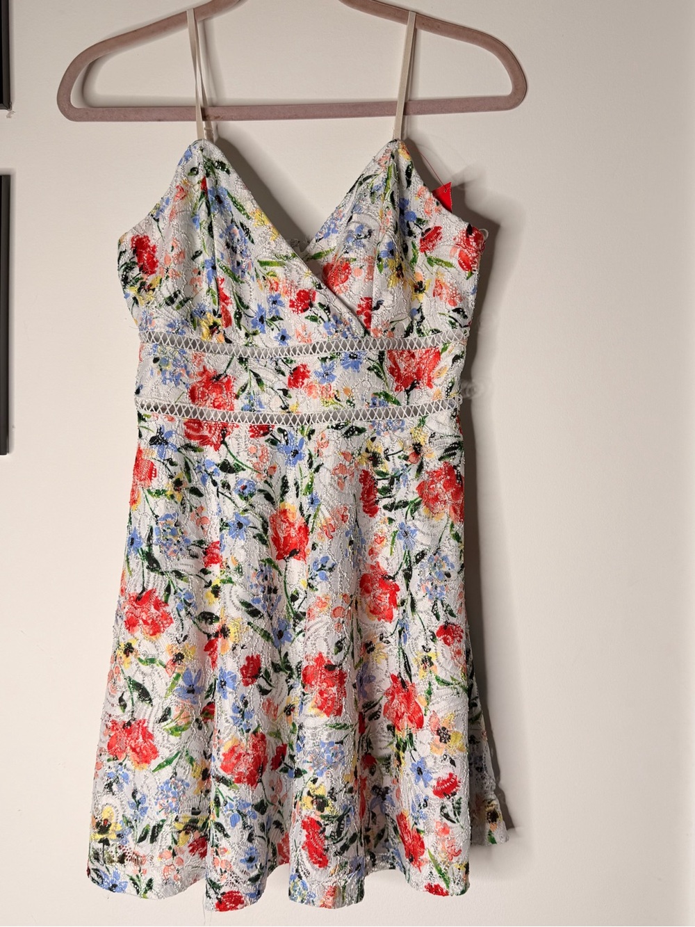 Floral Lace Fit & Flare Dress in White with Red and Blue Blooms